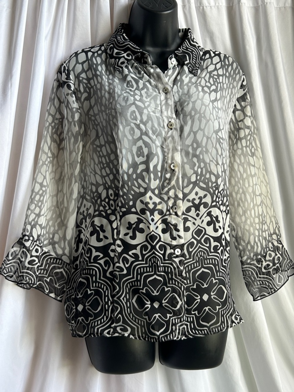 NICOLA Black & White Printed Button-Up All Sheer Blouse